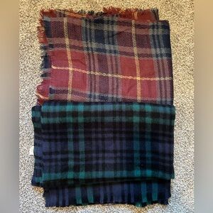 Bundle of two plaid blanket, scarfs, maroon green blue and